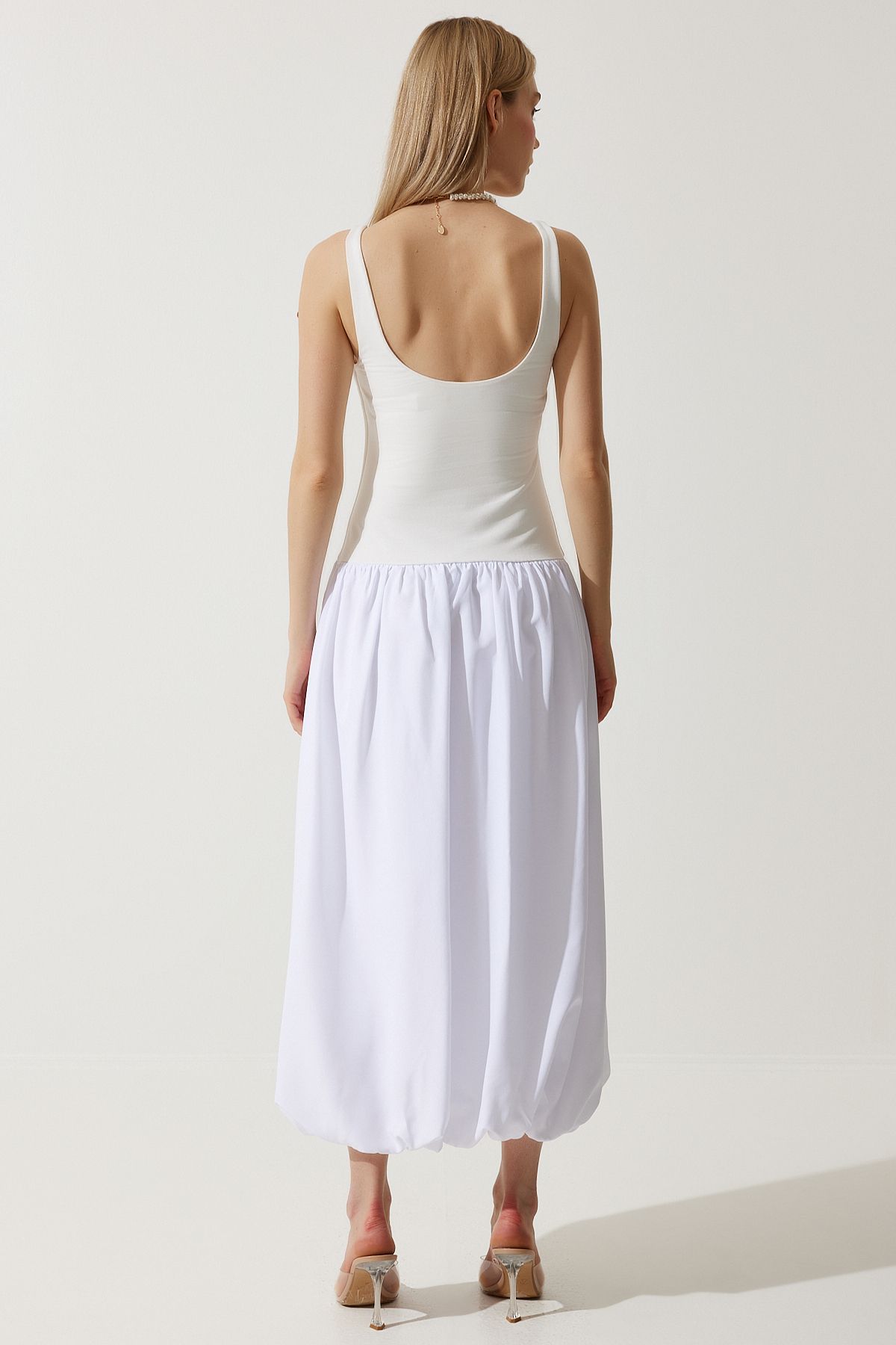 Beyaz Balon Midi Elbise UB00276