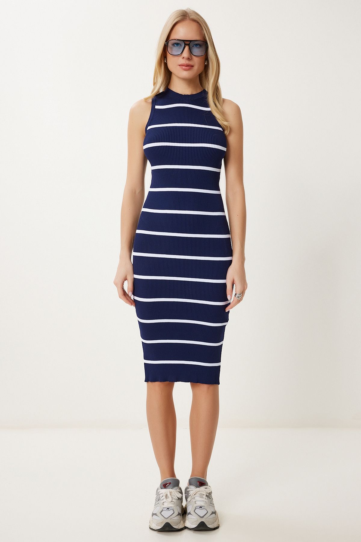 Lacivert Çizgili Yazlık Triko Bodycon Elbise NS00442