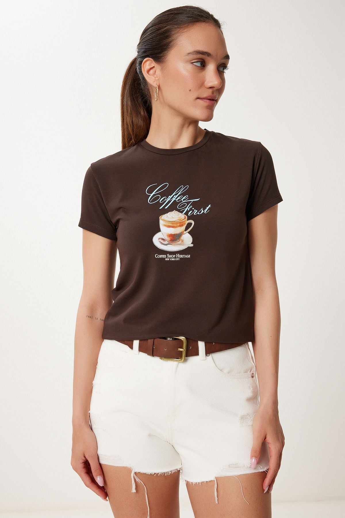 Kahverengi Baskılı Örme T-Shirt UB00388