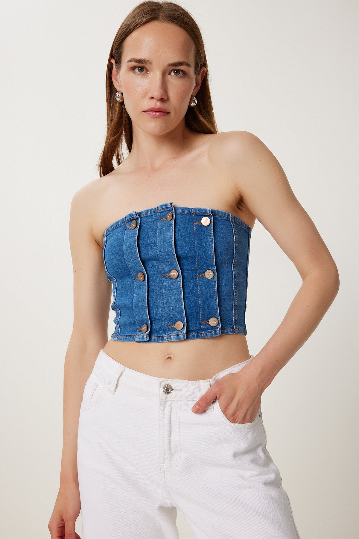 Koyu Mavi Düğme Detaylı Straplez Denim Büstiyer FG00033