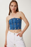 Koyu Mavi Düğme Detaylı Straplez Denim Büstiyer FG00033