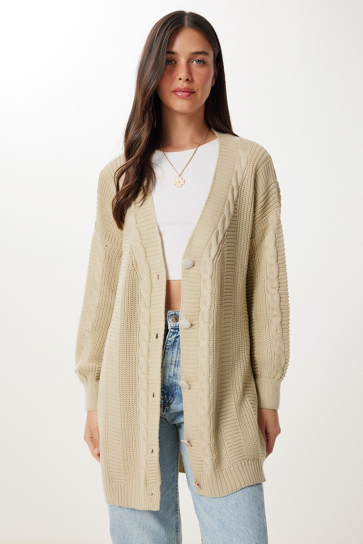 Koyu Krem Balon Kollu Oversize Triko Hırka DD01033