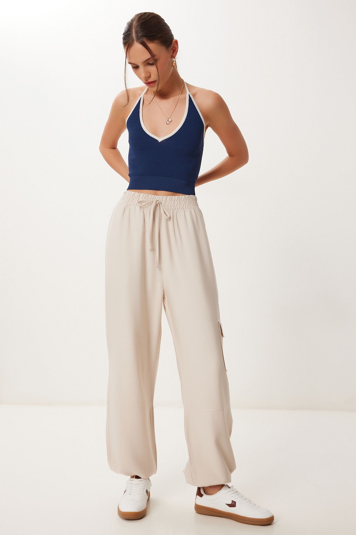 Krem Cepli Keten Kargo Pantolon MX00212