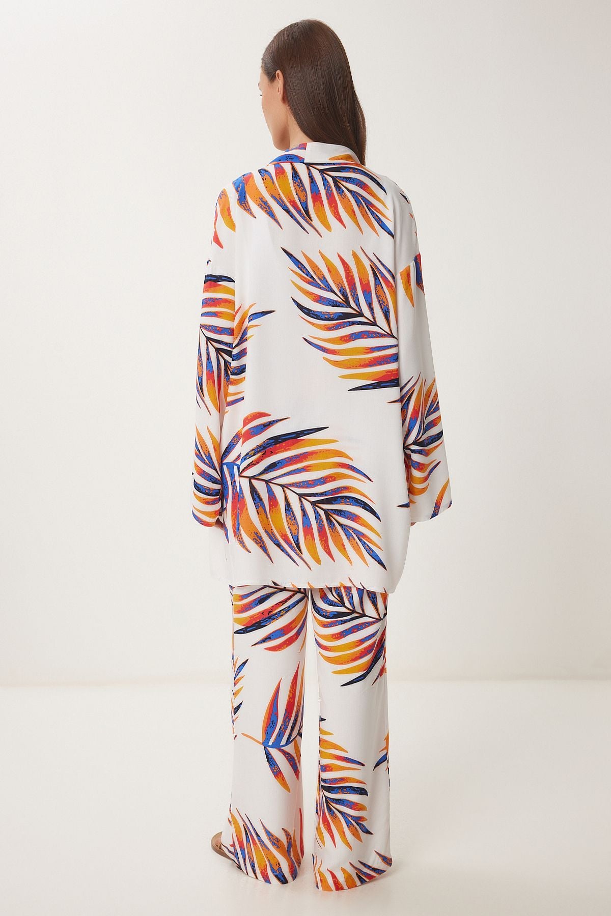 Oranj Beyaz Desenli Viskon Kimono Pantolon Takım JE00002