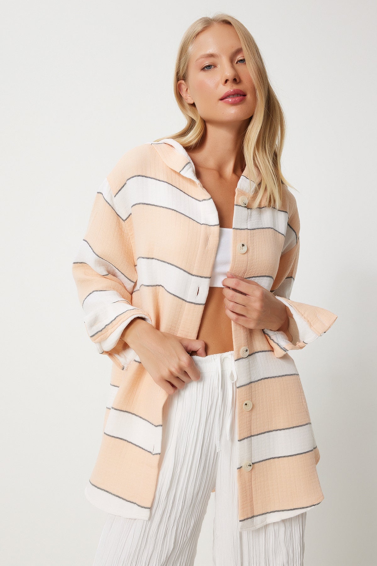 Somon Çizgili Kapüşonlu Oversize Müslin Ceket Gömlek  FN03364