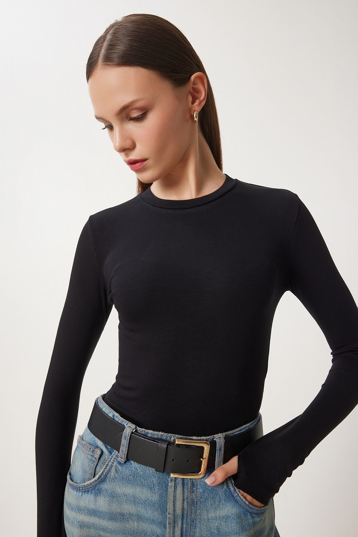 Siyah Bisiklet Yaka Basic Örme Bluz CR00439