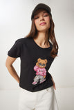 Siyah Taş Detaylı Ayıcık Baskılı Örme T-Shirt BW00001