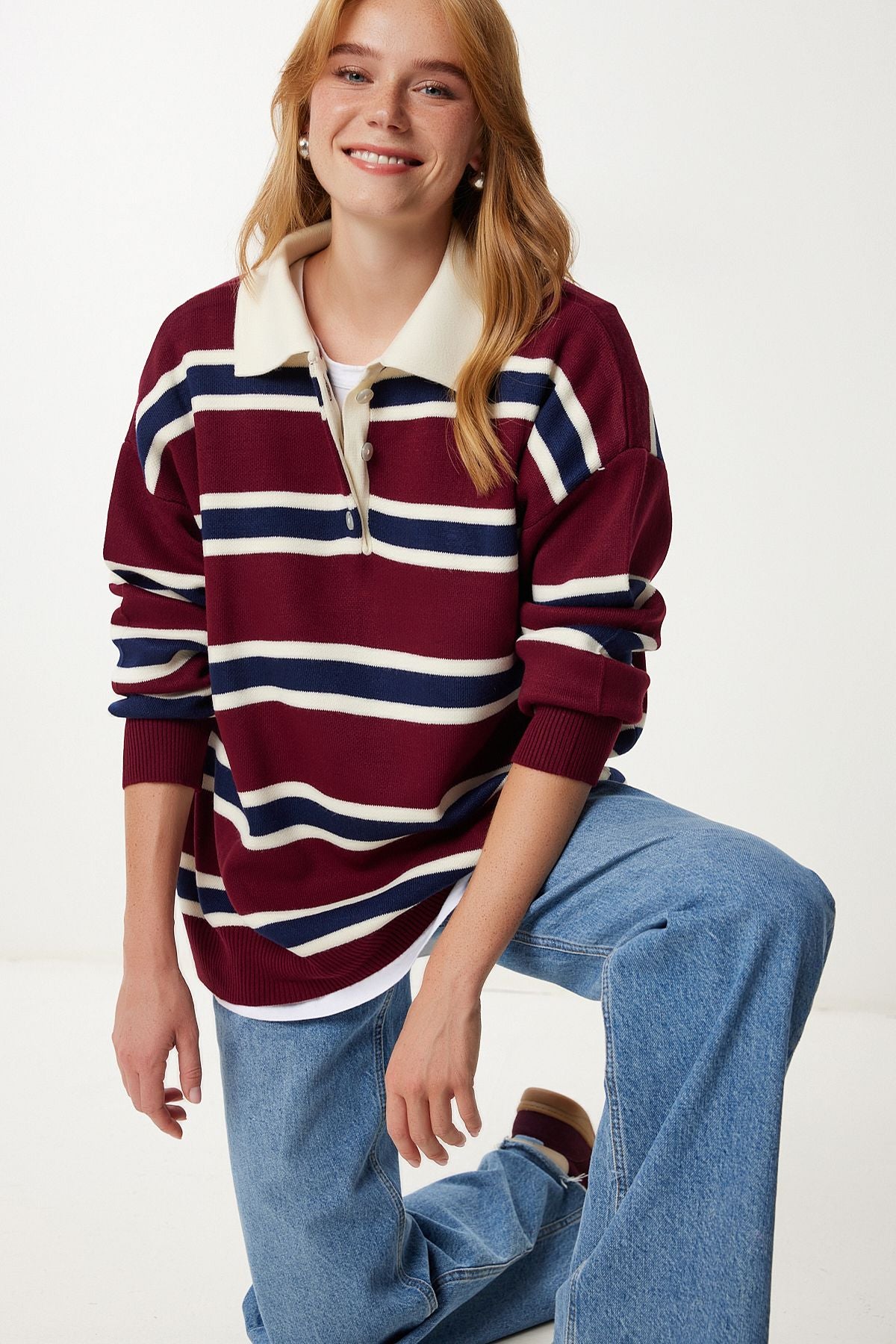 Bordo Lacivert Polo Yaka Çizgili Triko Kazak PF00117
