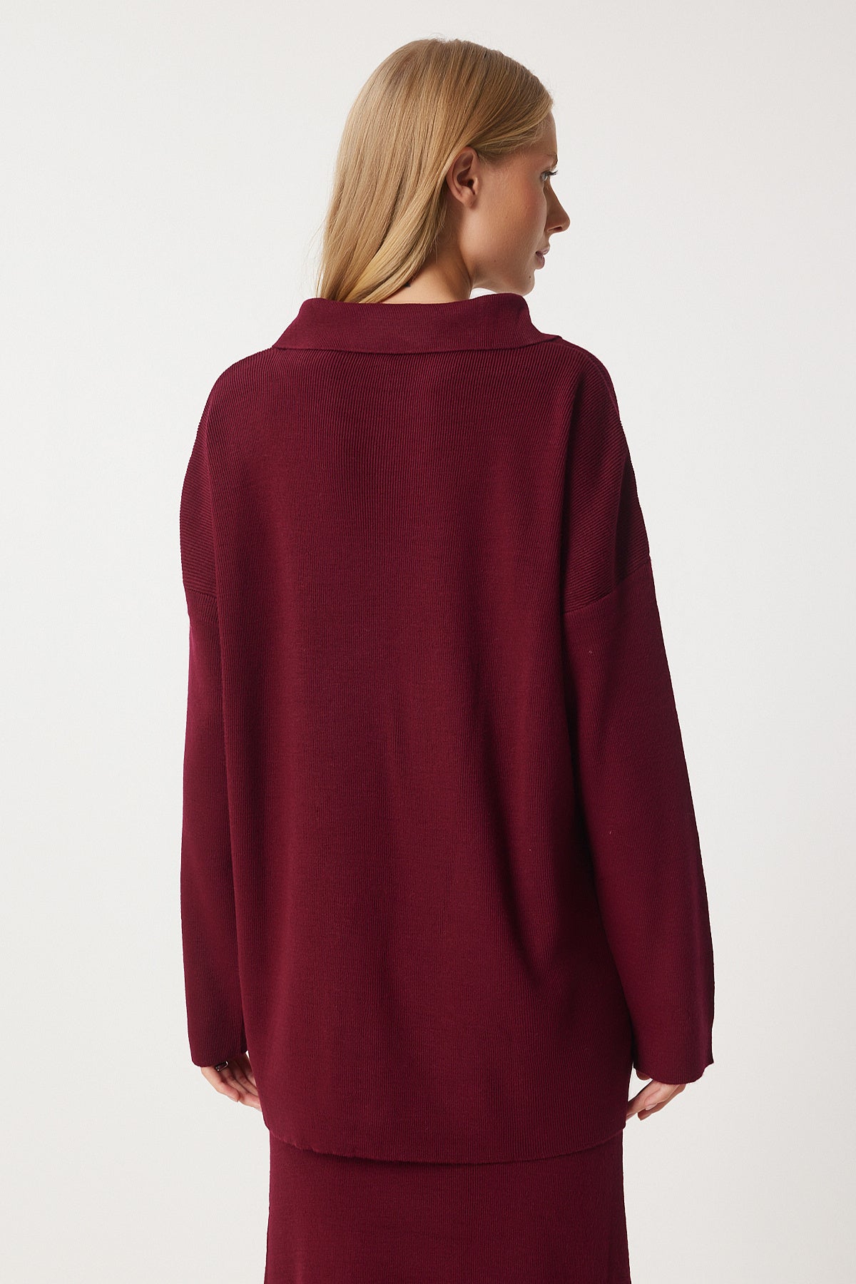 Bordo Polo Yaka Triko Hırka Etek Takım PF00090