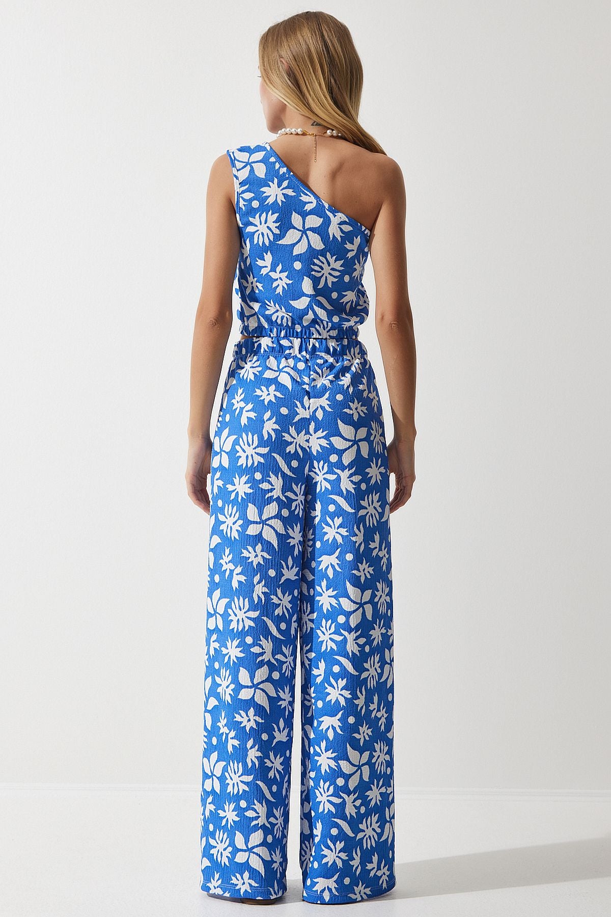 Mavi Beyaz Desenli Örme Crop Bluz Palazzo Takım MC00260