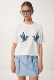 Ekru Baskılı Taş Detaylı Örme T-Shirt ZV00288