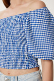 Mavi Kareli Carmen Yaka Esnek Crop Keten Bluz TP00079