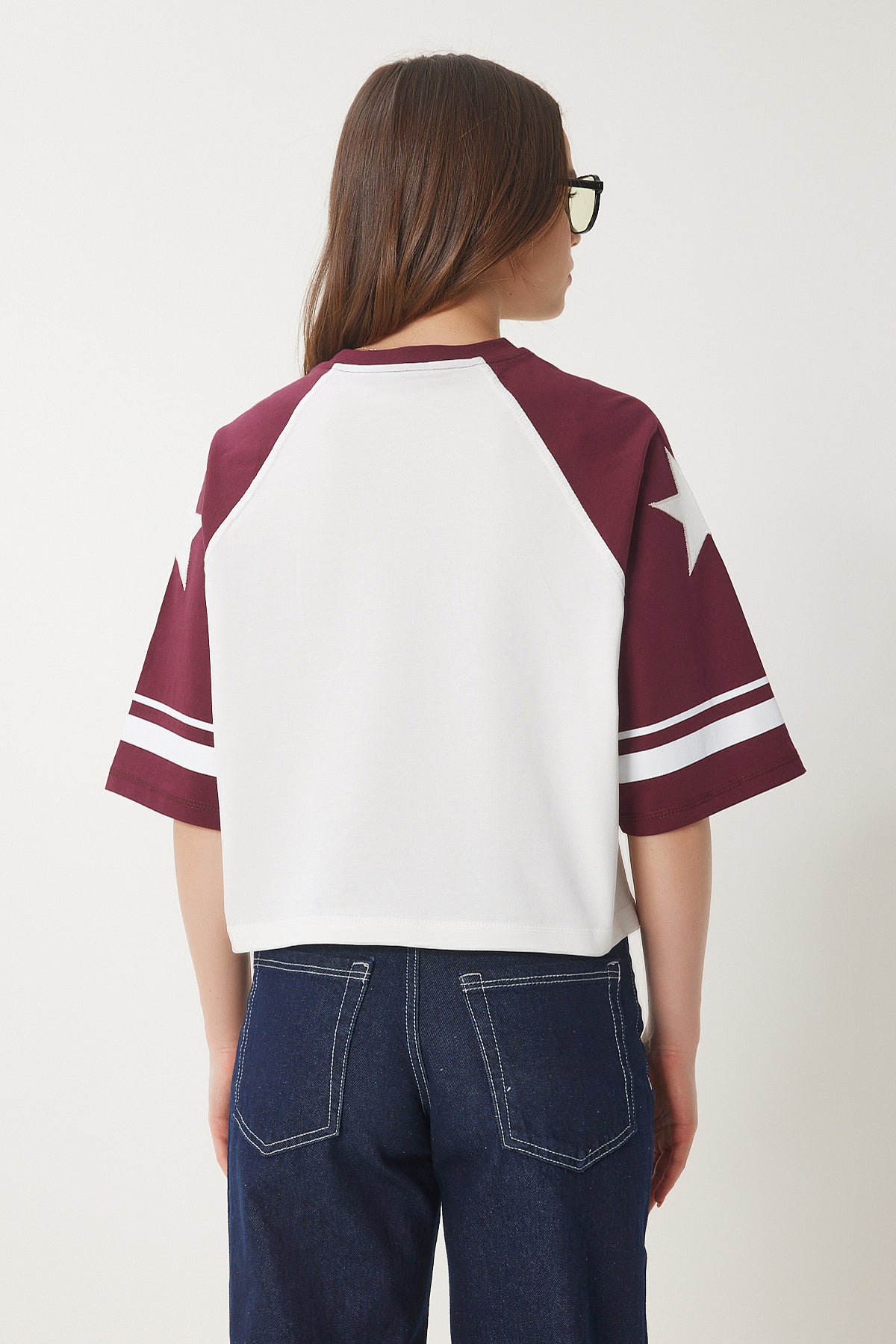 Bordo Beyaz Sloganlı Pamuklu Örme T-Shirt CR00462