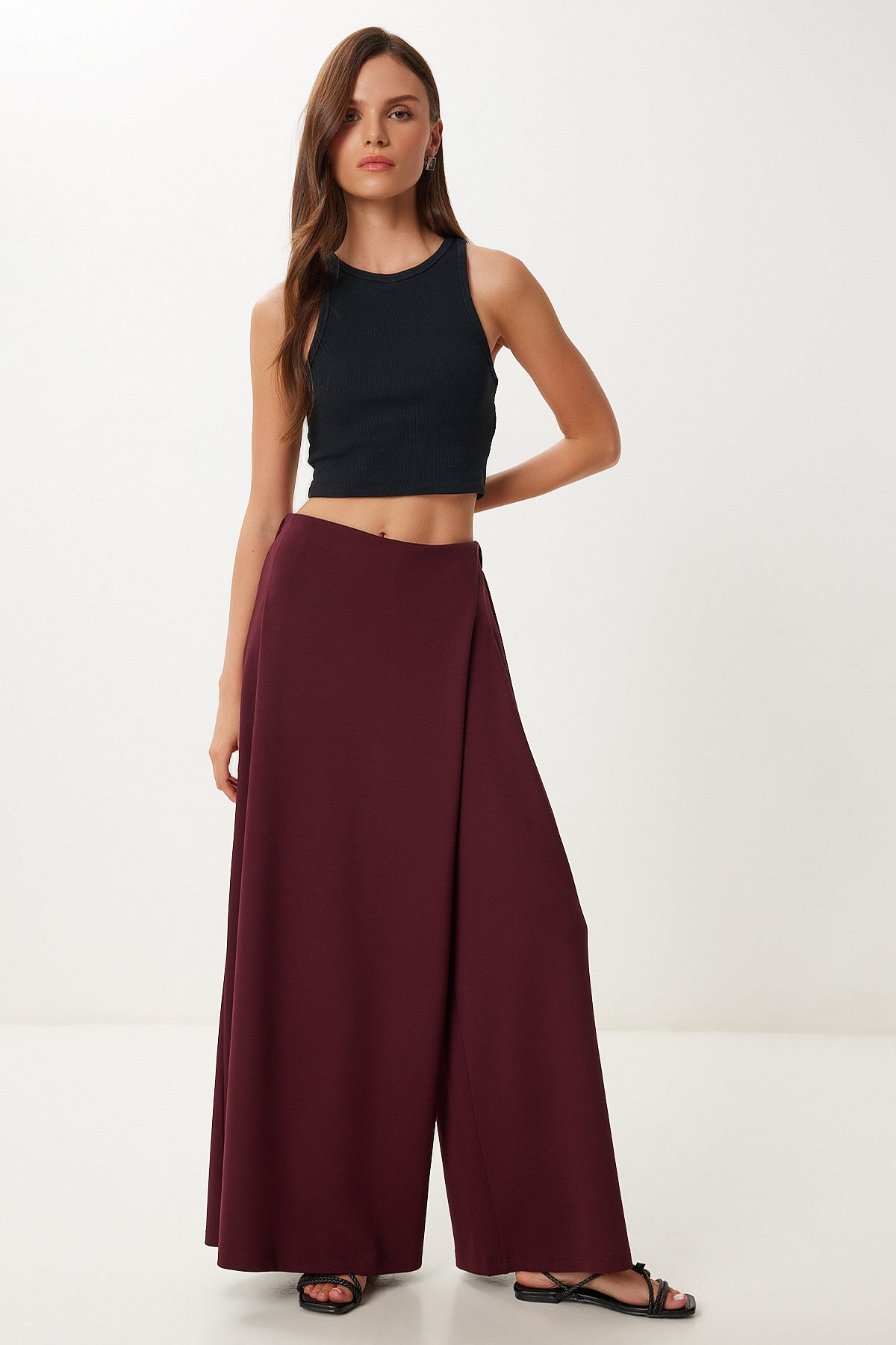 Bordo Etek Görünümlü Esnek Örme Şalvar Pantolon CR00520