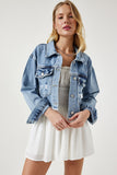 Açık Mavi Püskül Detaylı Denim Crop Ceket RV00159