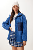 İndigo Mavi Fermuarlı Oversize Peluş Sweatshirt DD01379