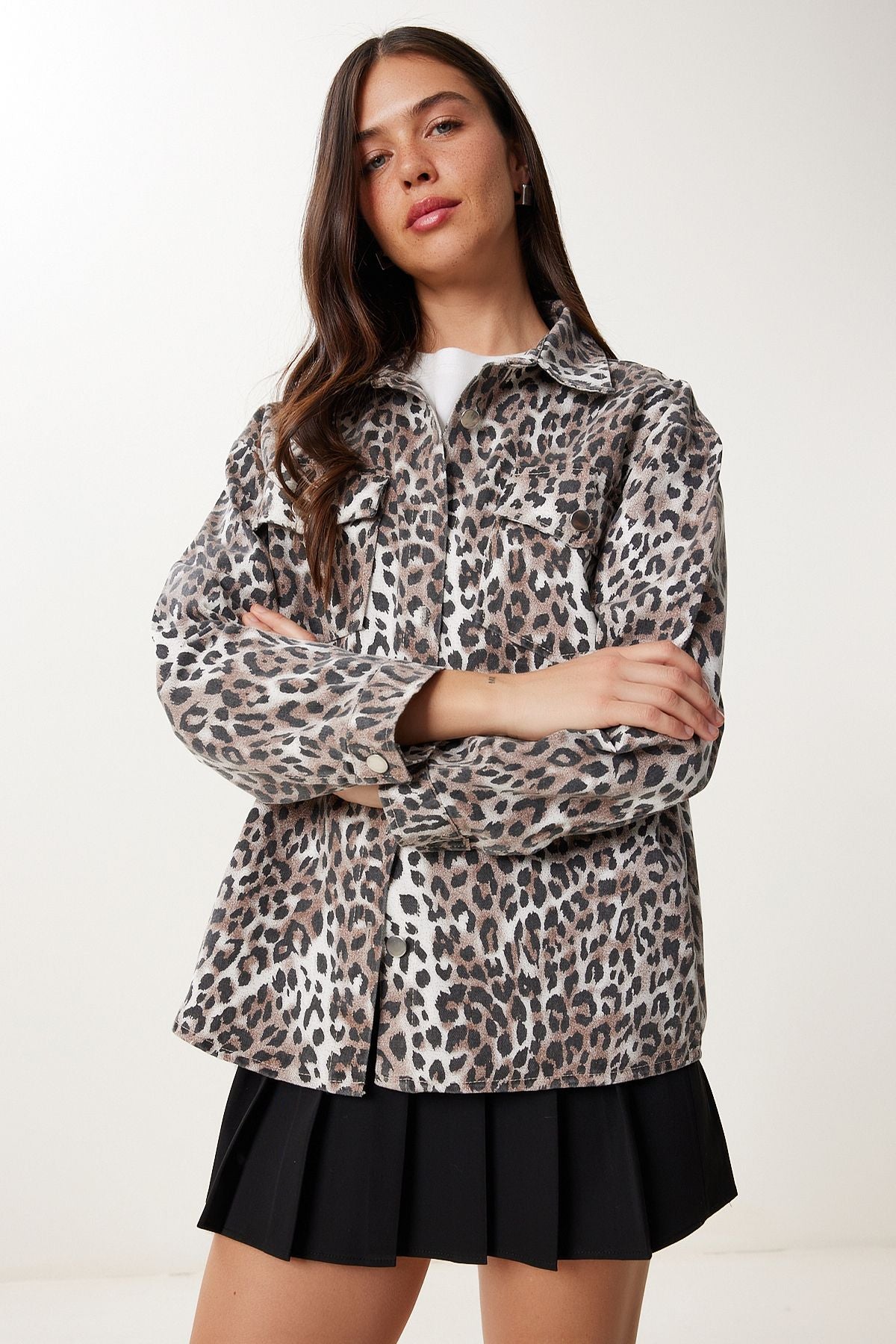 Siyah Kahverengi Leopar Desenli Gabardin Ceket GP00025
