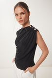 Siyah Drape Detaylı Düğmeli Sandy Bluz RX00056