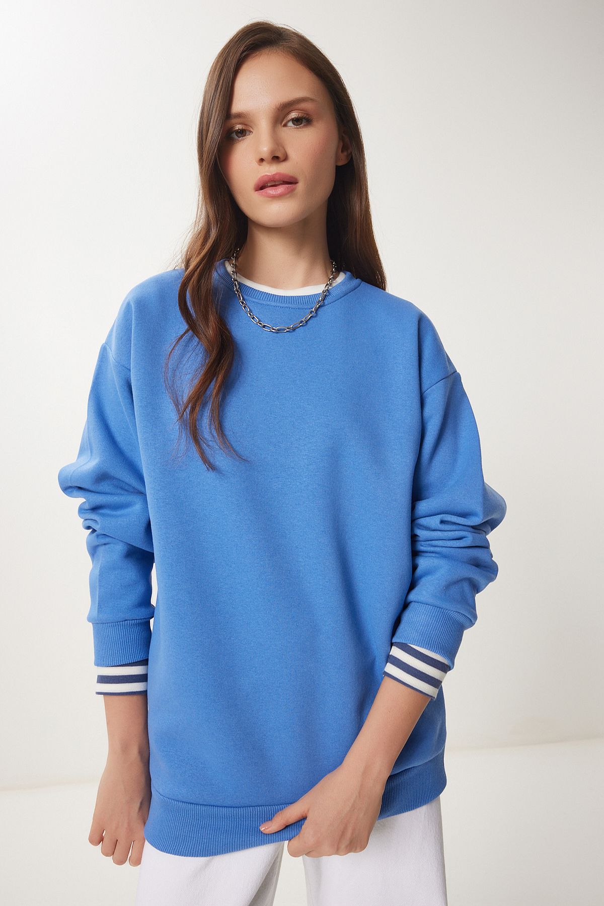 Gök Mavi Şardonlu Basic Sweatshirt OW00001