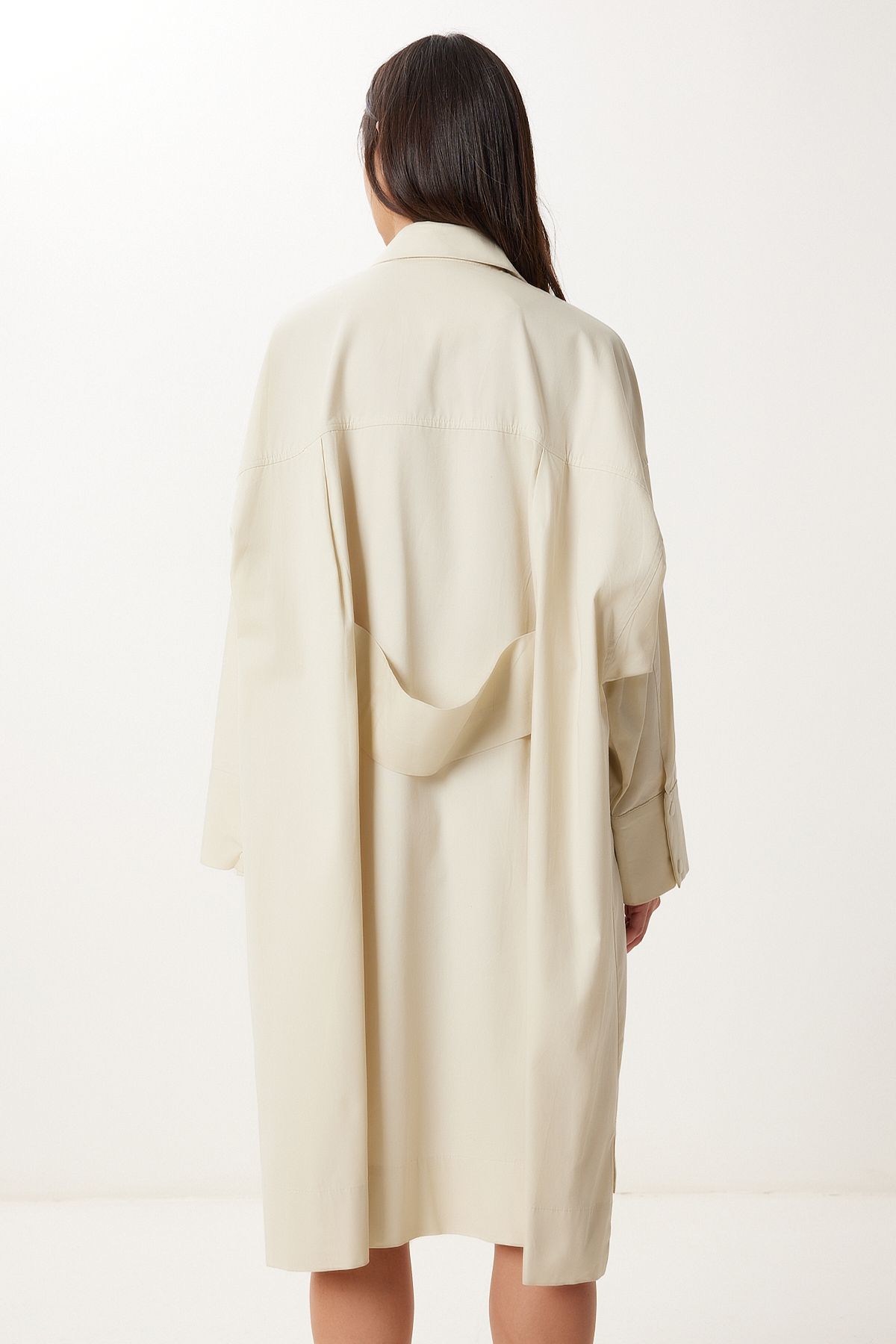 Krem Fermuarlı Oversize Dokuma Trençkot FG00052