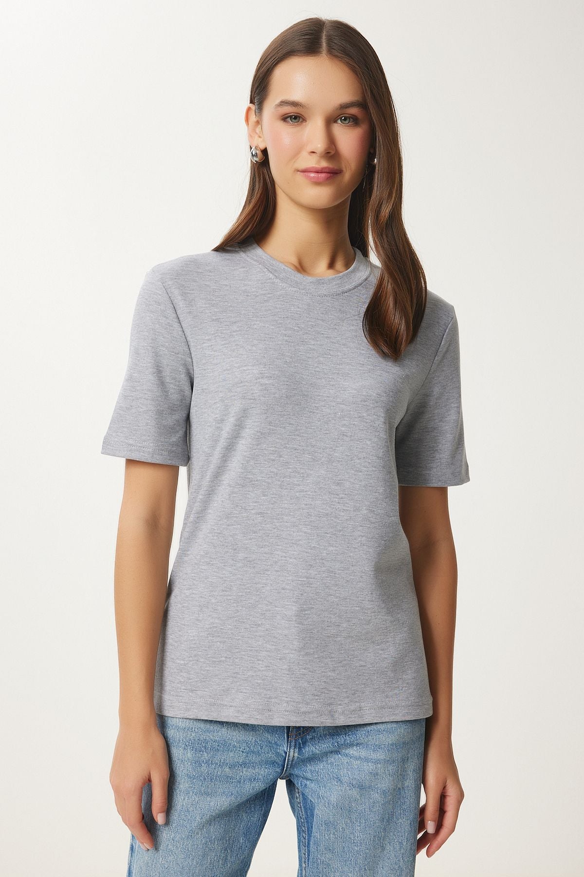 Gri Melanj Pamuklu Basic Örme T-Shirt AG00001