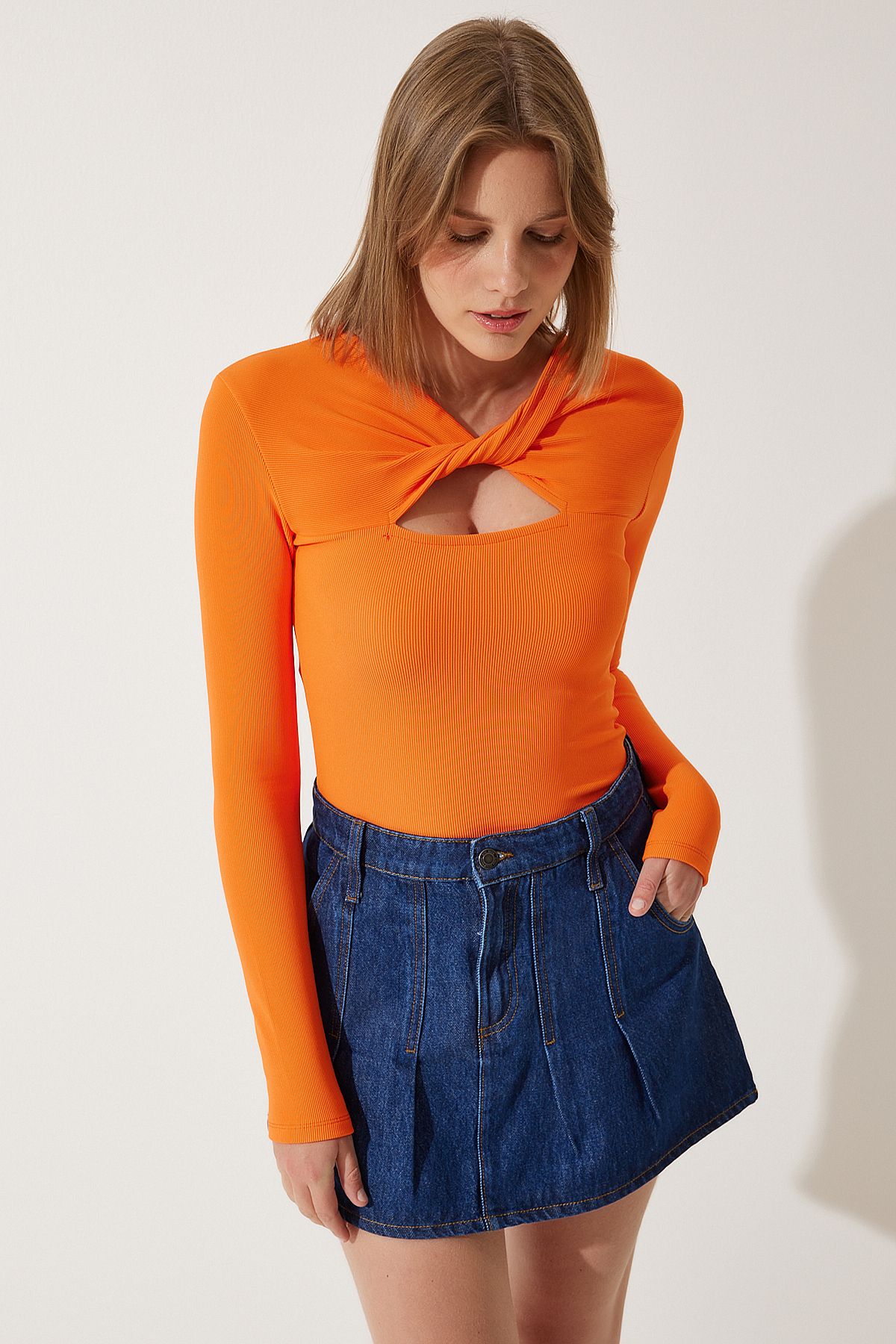 Oranj Cut Out Detaylı Fitilli Örme Bluz SF00005