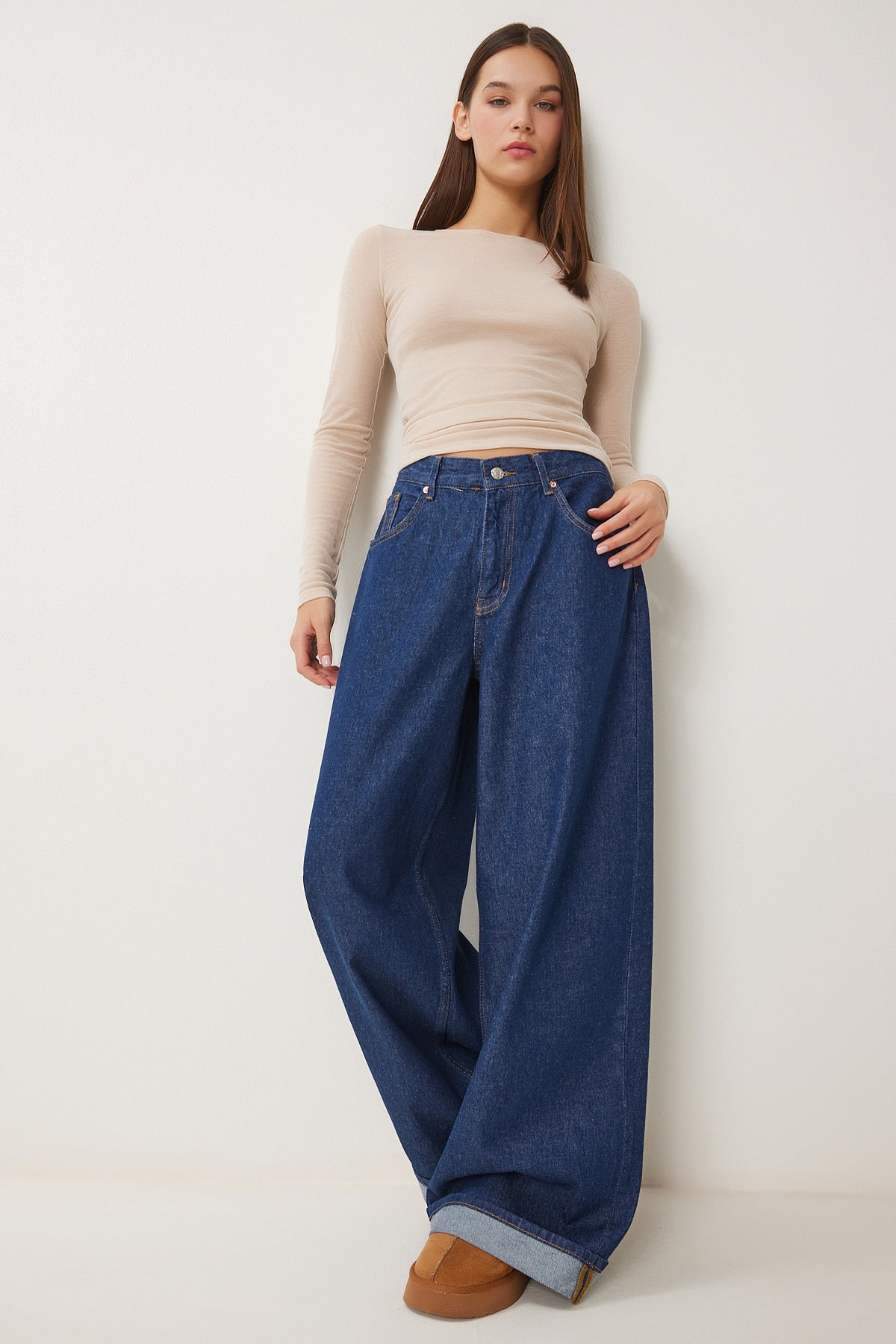 Koyu Mavi Yüksek Bel Geniş Paça Jeans RH00032