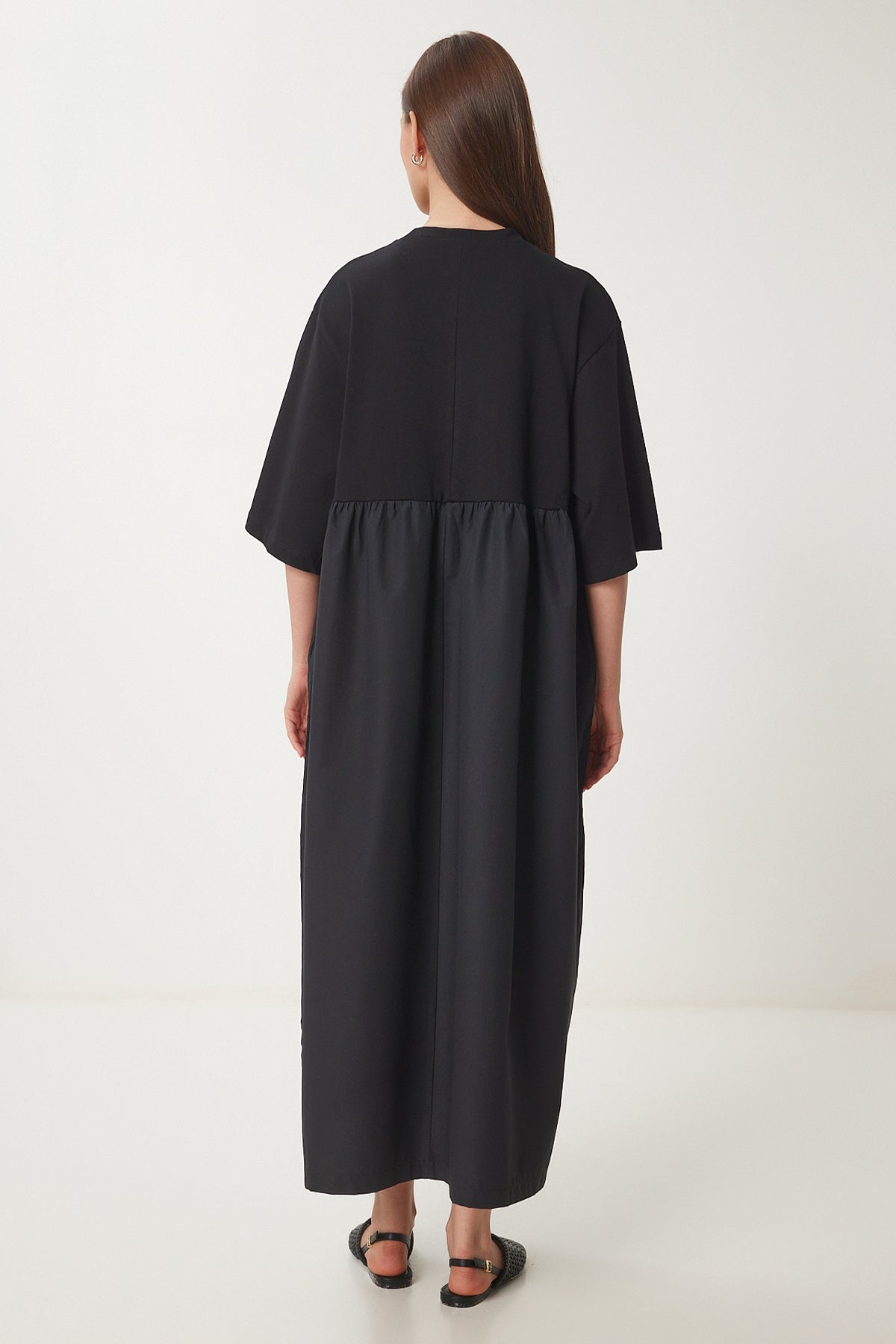 Siyah Esnek Örme Üstlü Poplin Etekli Oversize Elbise FZ00002