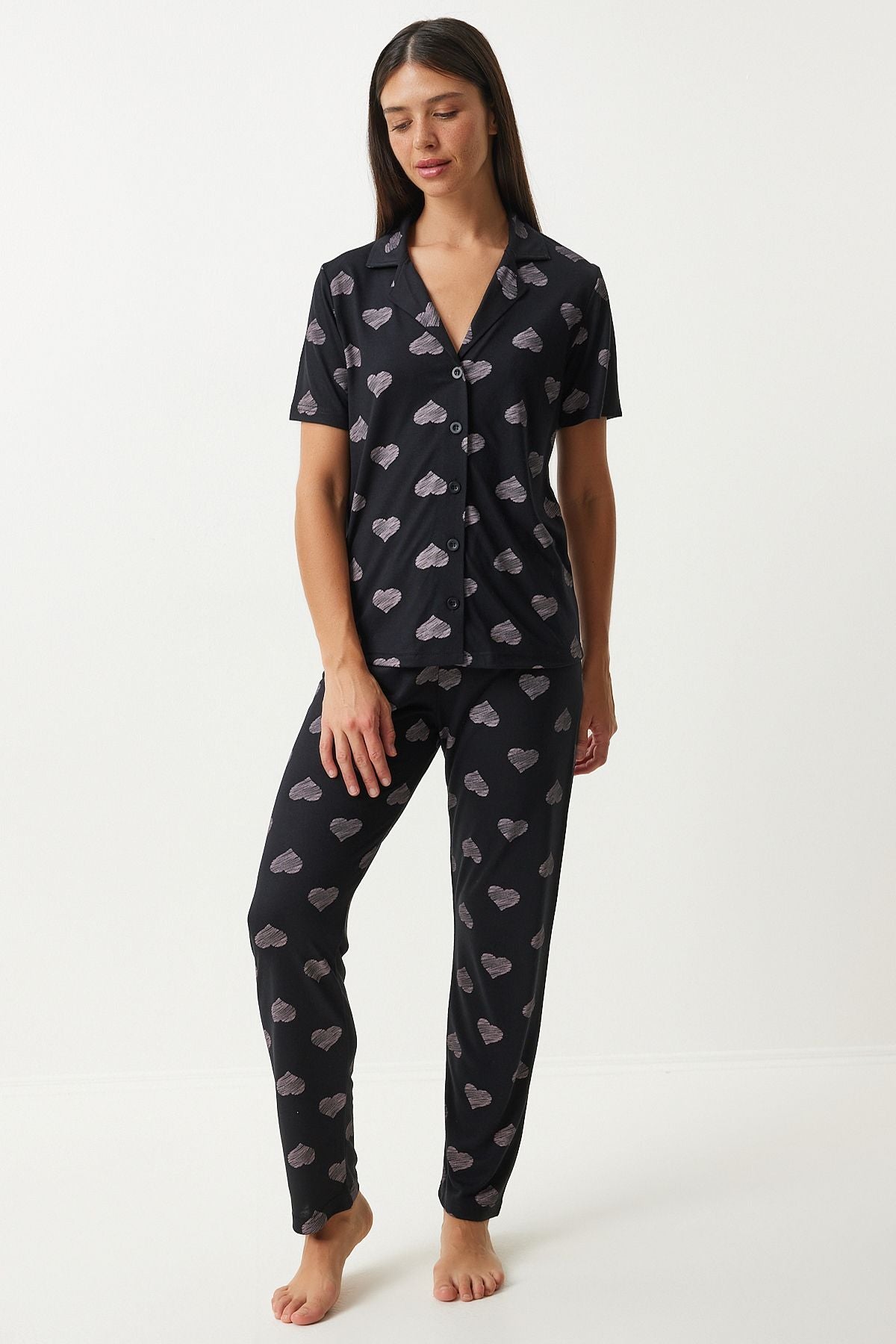 Siyah Kalpli Gömlek Pantolon Pijama Takımı EC00042