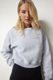 Gri Melanj Şardonlu Crop Sweatshirt UB00178