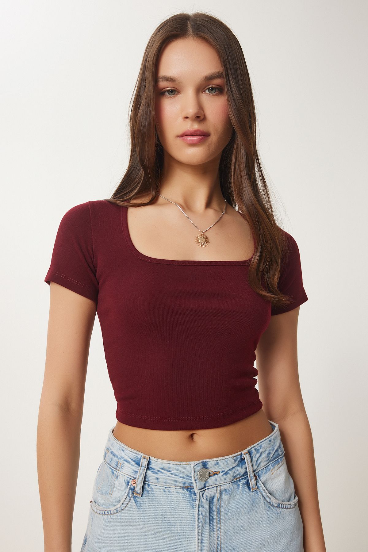 Bordo Basic Crop Örme Bluz FW00007