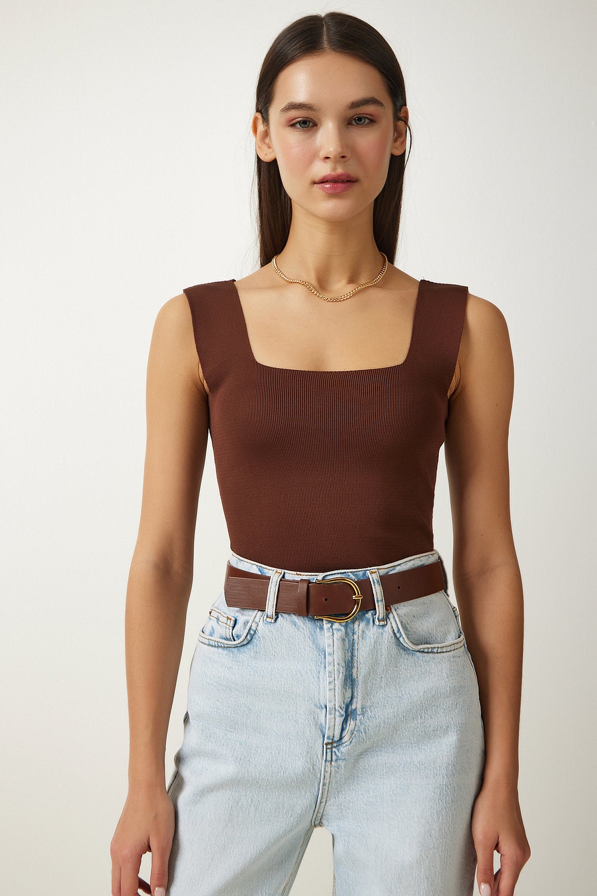 Kahverengi Kare Yaka Triko Crop Bluz US00358