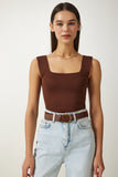 Kahverengi Kare Yaka Triko Crop Bluz US00358