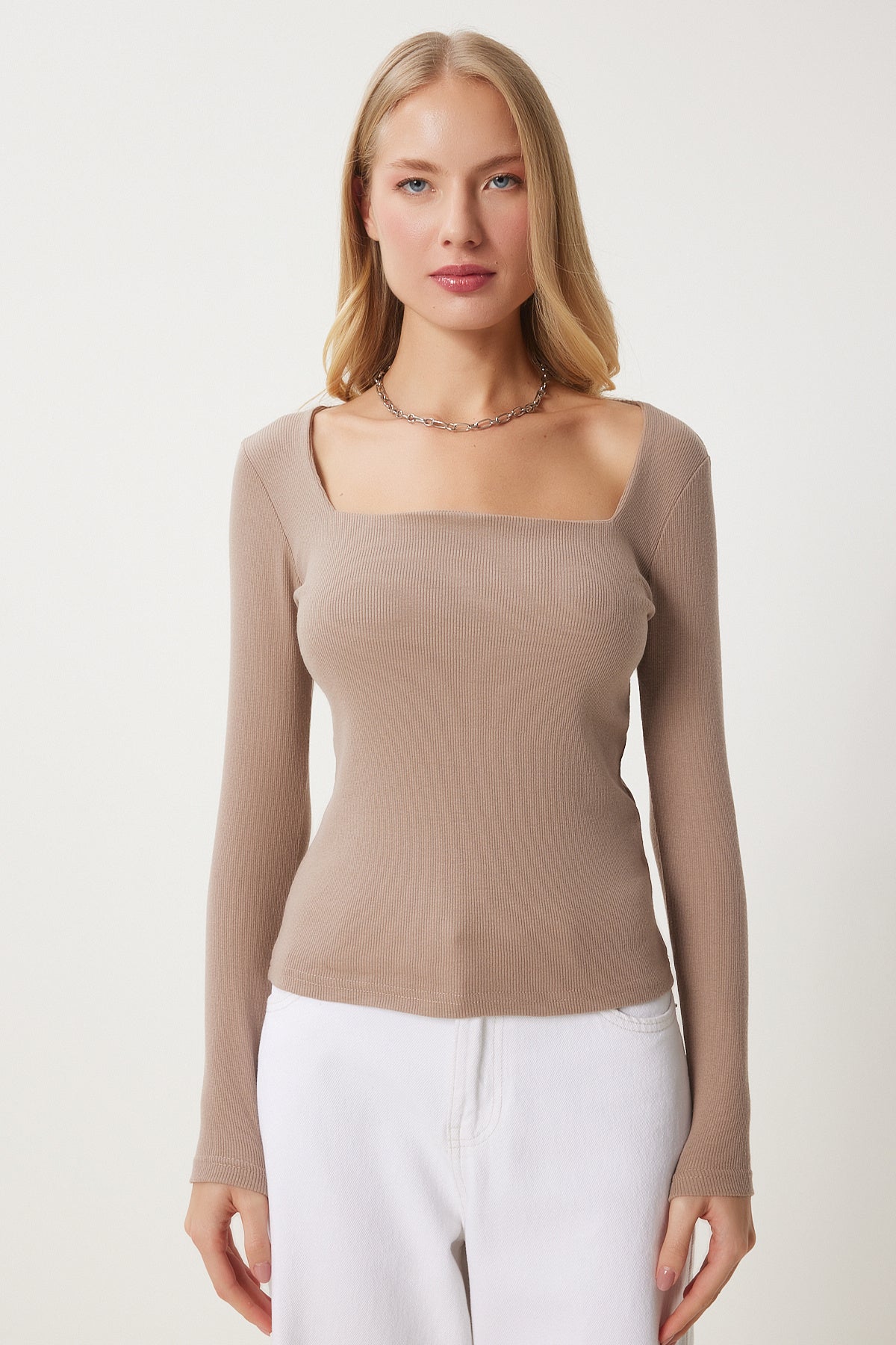 Bej Kare Yaka Fitilli Örme Bluz GT00052