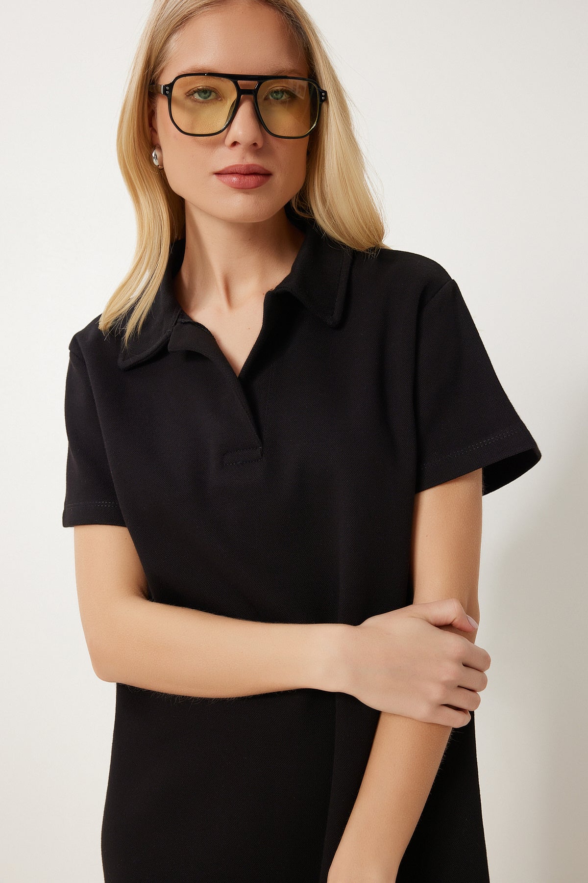Siyah Polo Yaka Pike Örme Mini Elbise DP00253