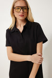Siyah Polo Yaka Pike Örme Mini Elbise DP00253