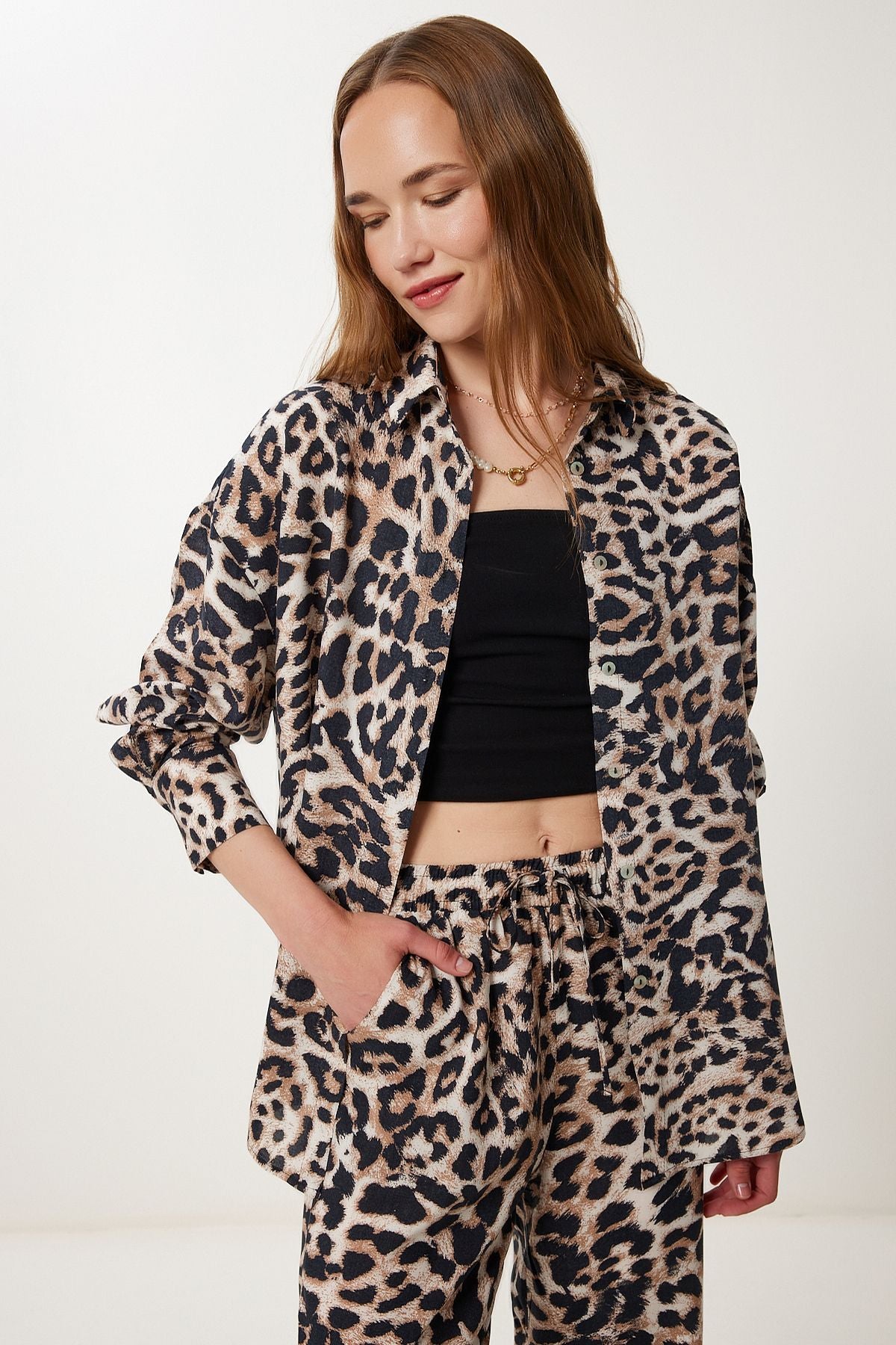 Siyah Bej Leopar Desenli Viskon Gömlek Pantolon Takım WF00140