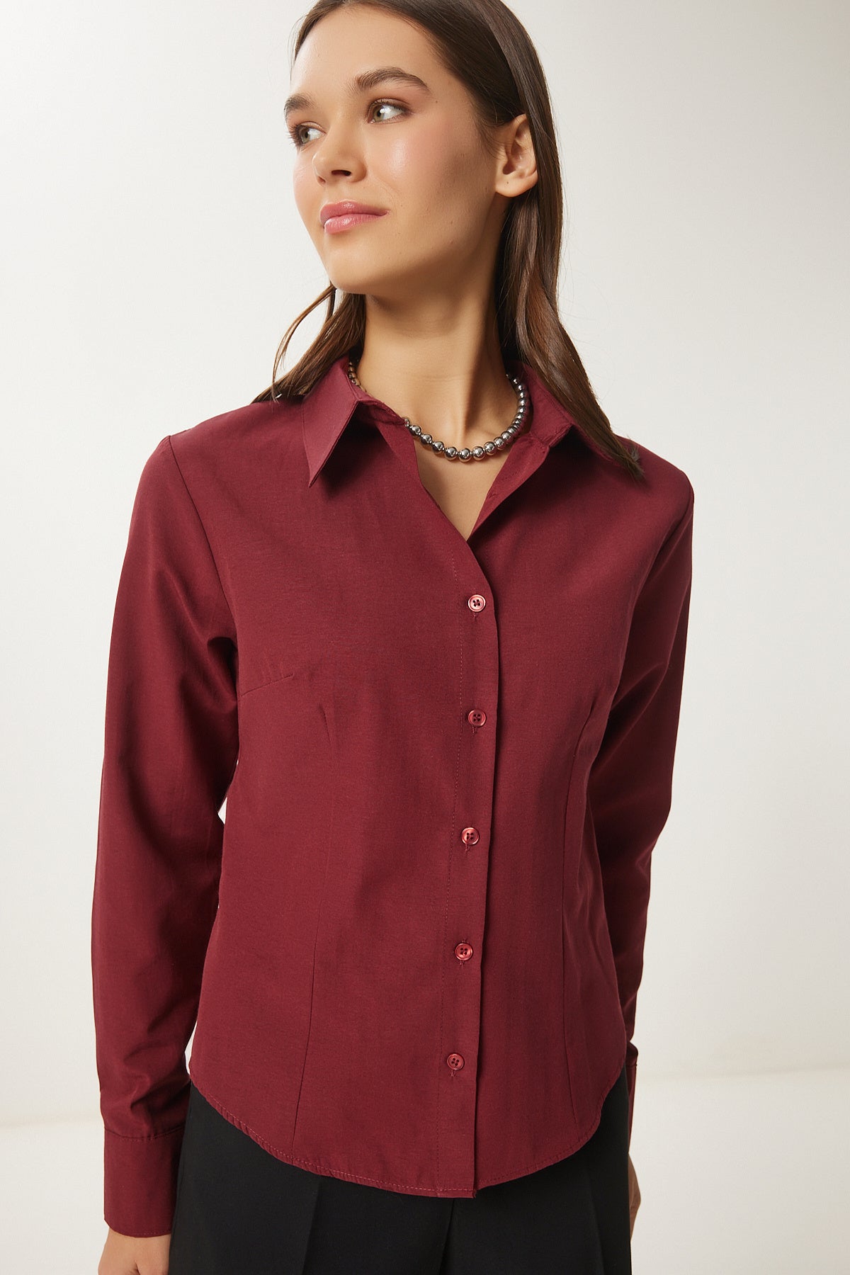 Bordo Düğmeli Basic Gömlek RQ00001