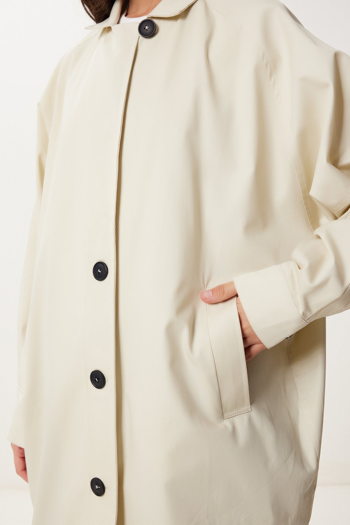 Krem Oversize Dokuma Trençkot FG00054