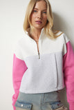 Gri Pembe Fermuarlı Yaka Şardonlu Örme Crop Sweatshirt NJ00130