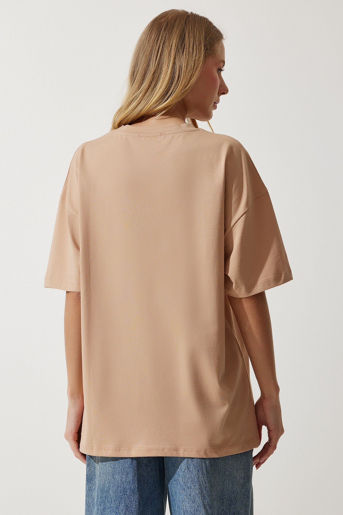 Koyu Bej Bisiklet Yaka Basic Oversize Örme T-Shirt BF00091