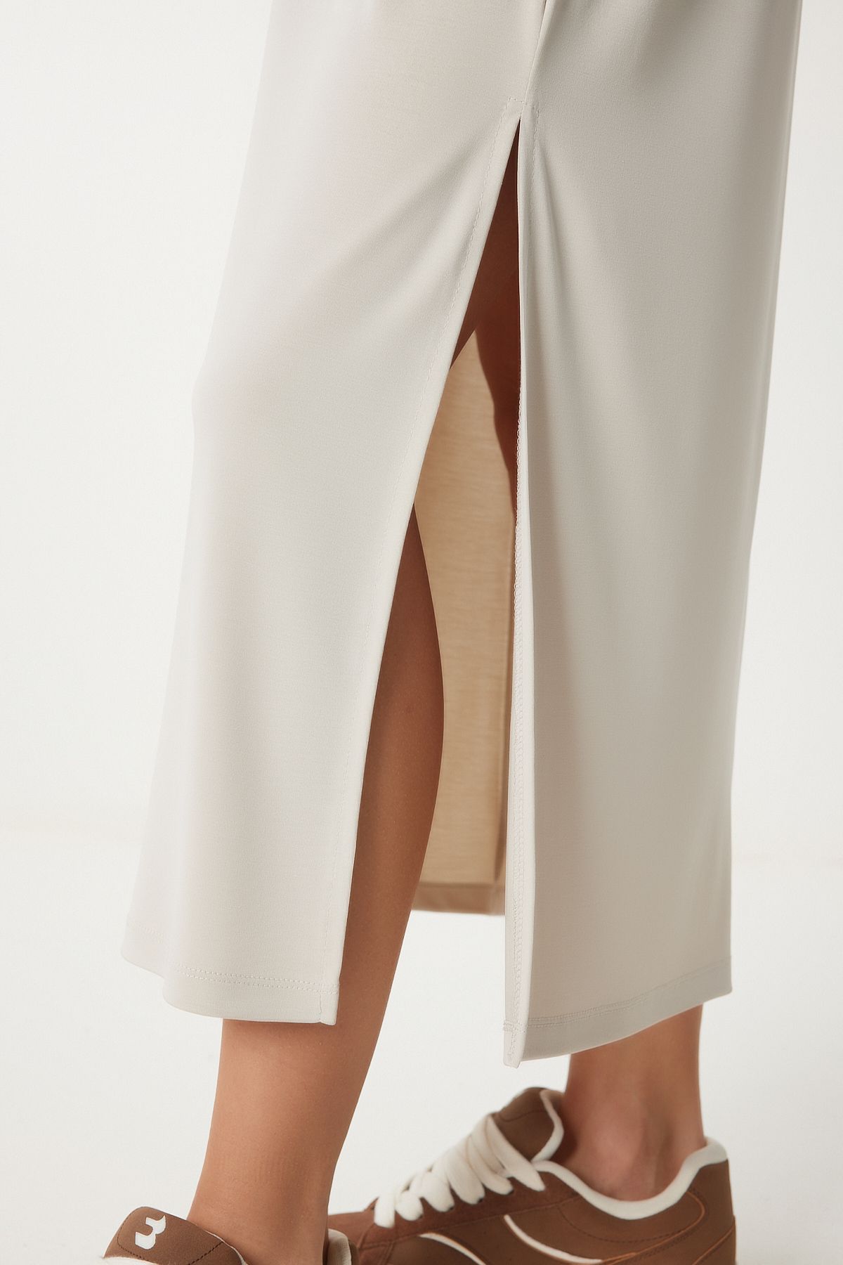 Krem Oversize Basic Yazlık Örme Elbise UB00299