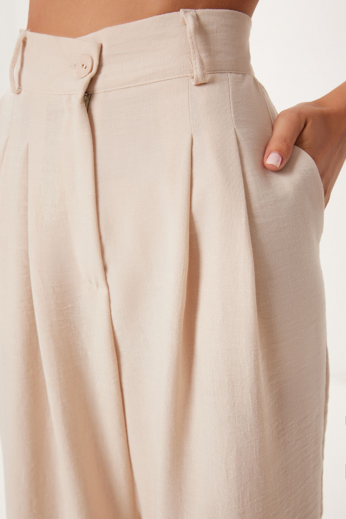 Krem Keten Crop Gömlek Pantolon Takım BV00149
