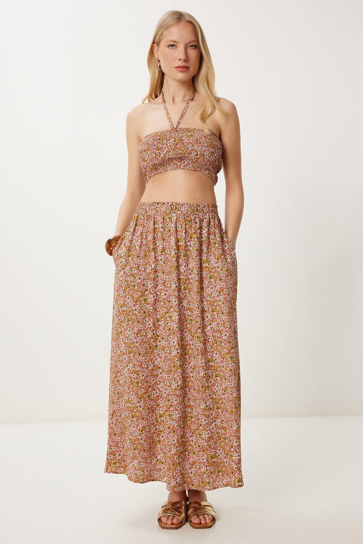 Gül Kurusu Kemik Desenli Crop Etek Takım FK00026