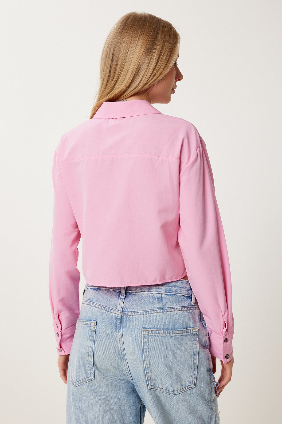 Pembe Cep Detaylı Crop Pamuklu Poplin Gömlek MX00192
