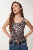 Siyah Bej Leopar Desenli Kolsuz Sandy Bluz AN00225