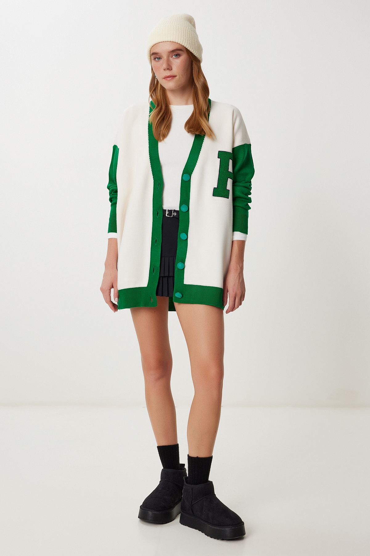 Yeşil Kemik Oversize Kontrast Renkli Triko Hırka YY00262