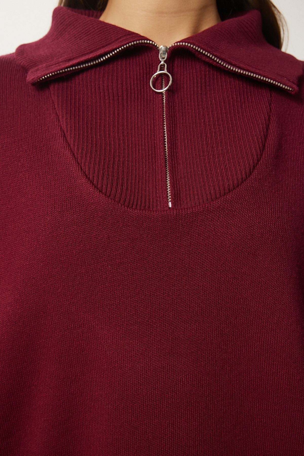 Bordo Fermuarlı Yaka Basic Triko Kazak PF00007
