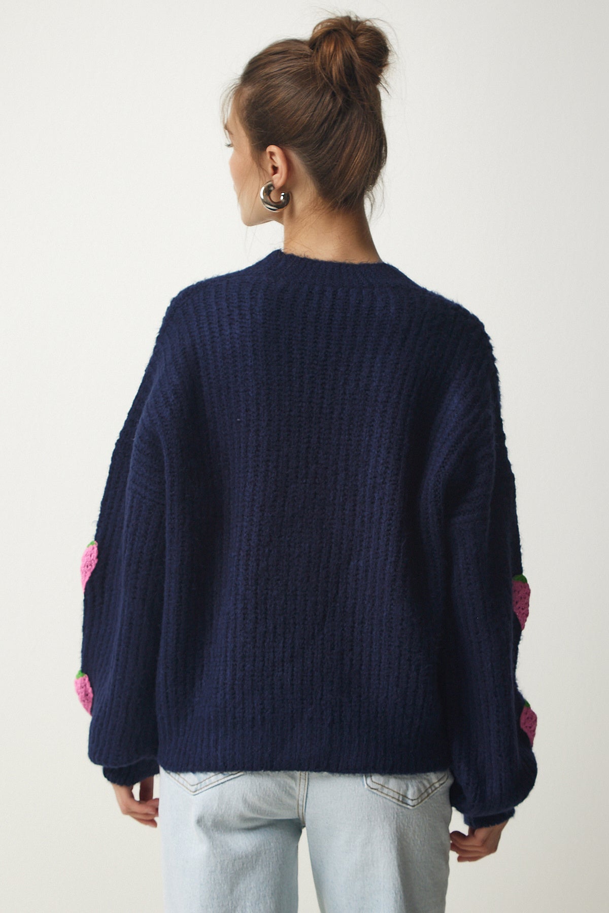 Lacivert Çilek Motifli Oversize Triko Hırka PF00008