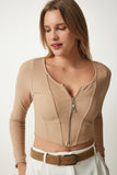 Bej Fermuarlı Fitilli Crop Bluz SF00006